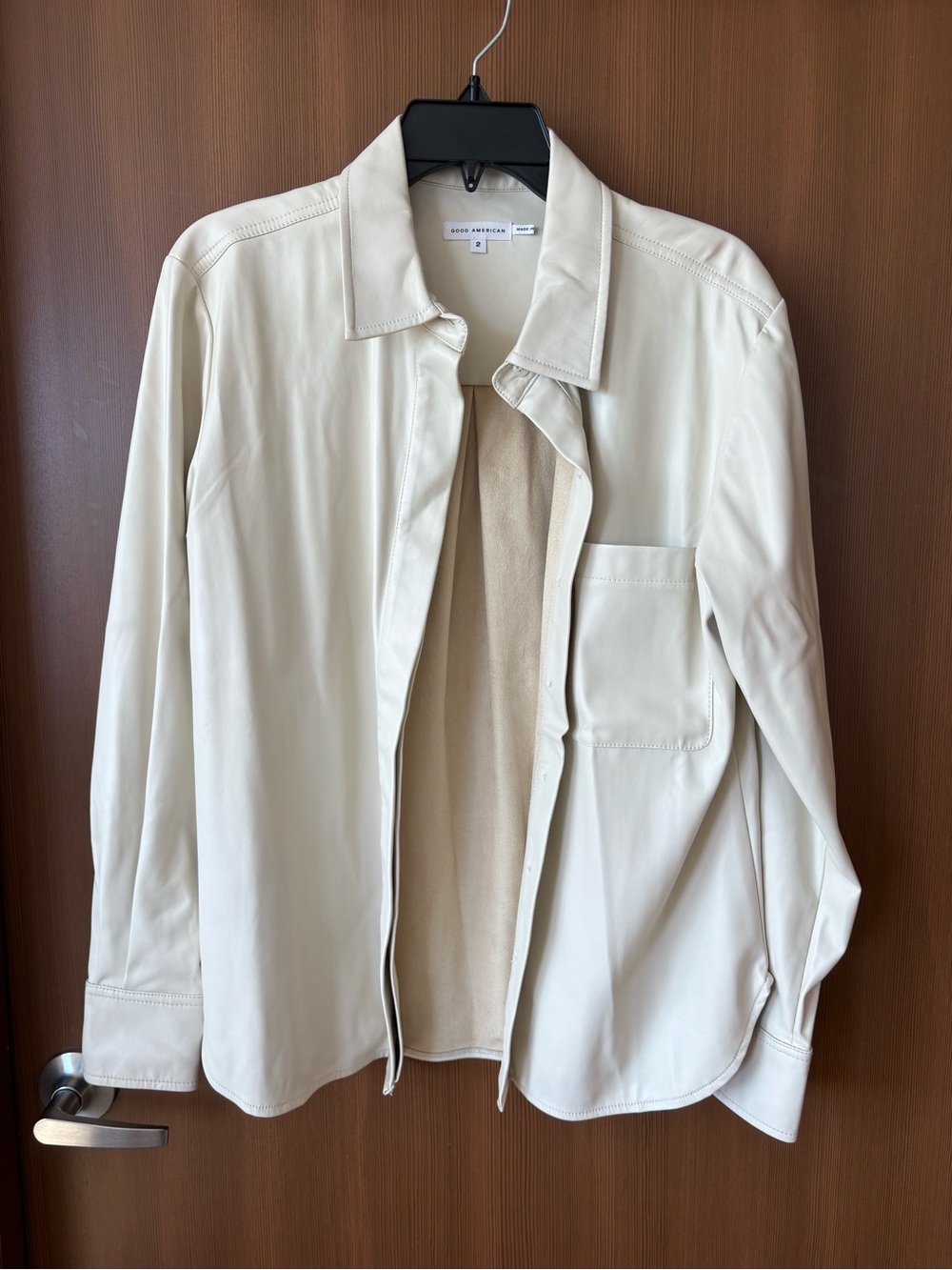 Good American Cream Faux Leather Shirt Jacket